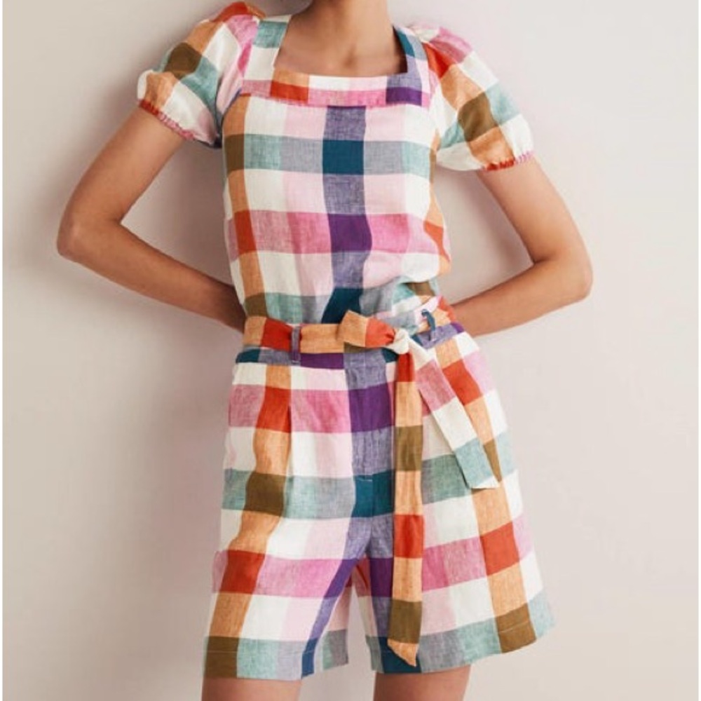 BODEN Alma Tie Waist Linen Shorts Bonbon Pink, Flambe Check. RARE Multicolor - Picture 5 of 12